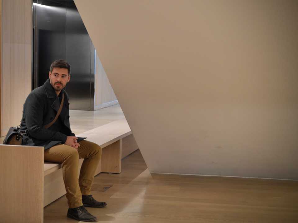 Aidan finding a quiet spot for a sit down